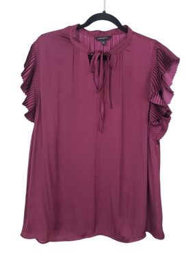 Banana Republic Burgundy Pleated Flutter Sleeve Satin Tie-Neck Blouse XL